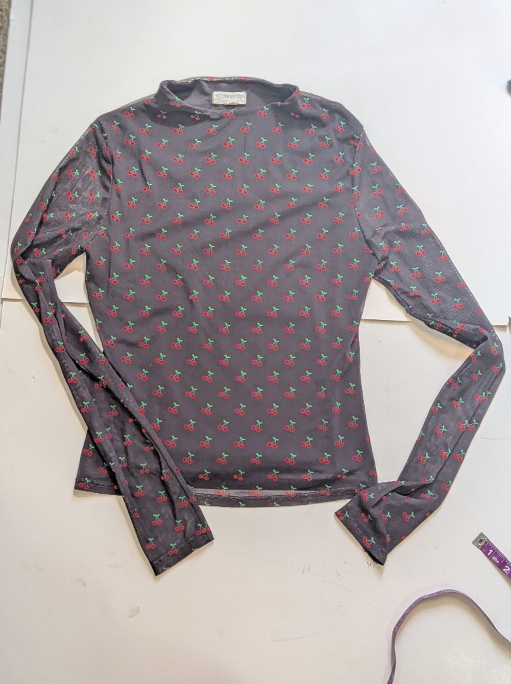 See You Monday | Sheer Cherry Print Top Black Long Sleeve Size S